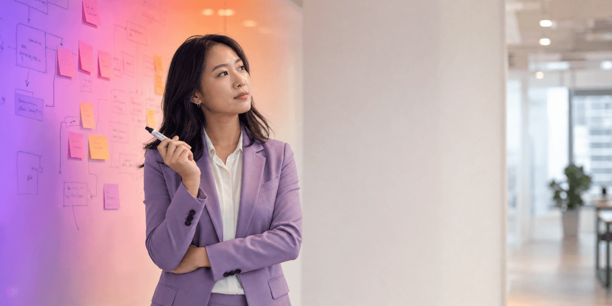 Mulher de terno roxo pensativa ao lado de um painel de ideias com notas adesivas.