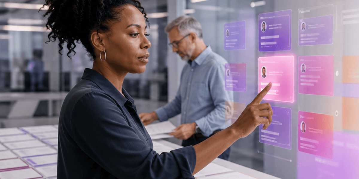 Mulher negra toca em uma tela transparente interativa com perfis digitais, enquanto um colega trabalha ao fundo.
