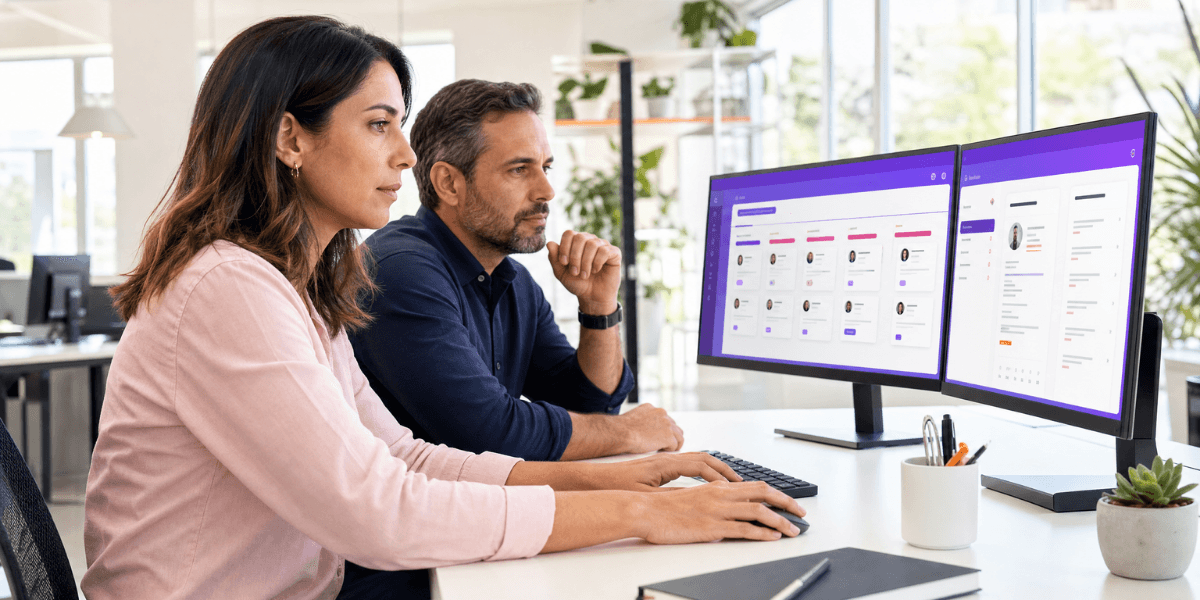 Uma mulher sentada e um homem ao seu lado observam atentamente duas telas de computador que exibem um software de recrutamento com currículos e fotos.