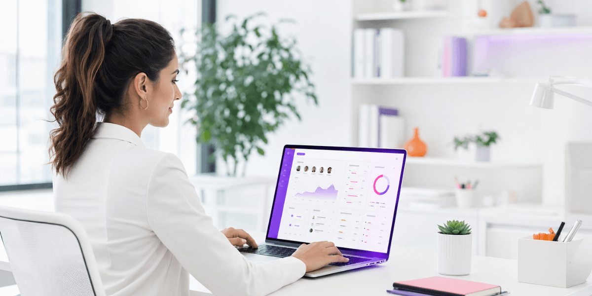 Profissional de RH utilizando notebook em ambiente de escritório moderno, analisando painel com indicadores e lista de candidatos em interface digital com elementos de IA.